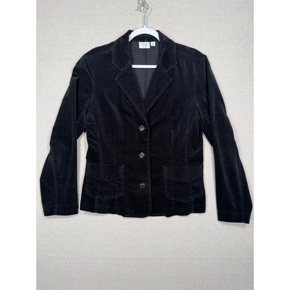 Sonoma Life Style Black Velvet Blazer Jacket Womens Medium Stretch 3 Button